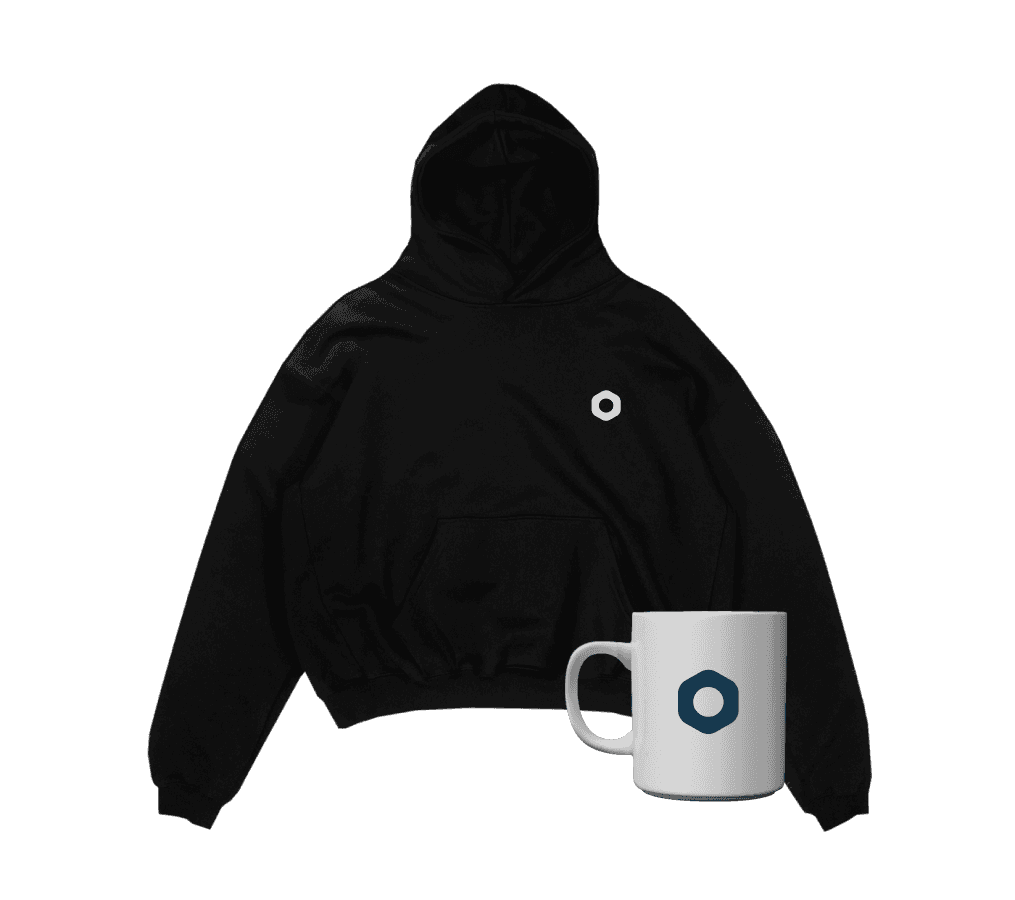 A black Medusa hoodie and a white Medusa coffee mug